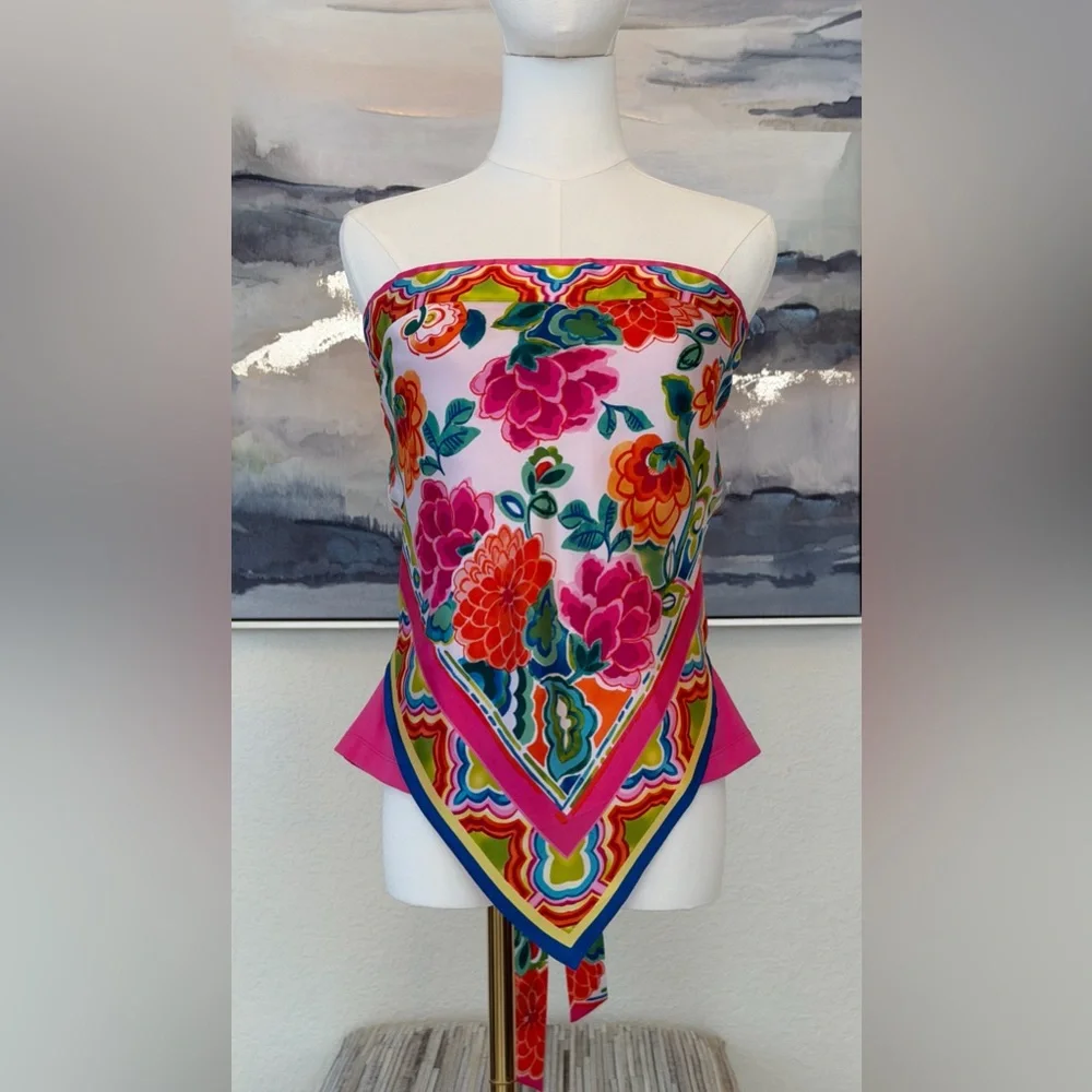 Caché Y2K Silk Scarf/Handkerchief Print Strapless Top Floral Bandana Hem - Picture 1 of 16